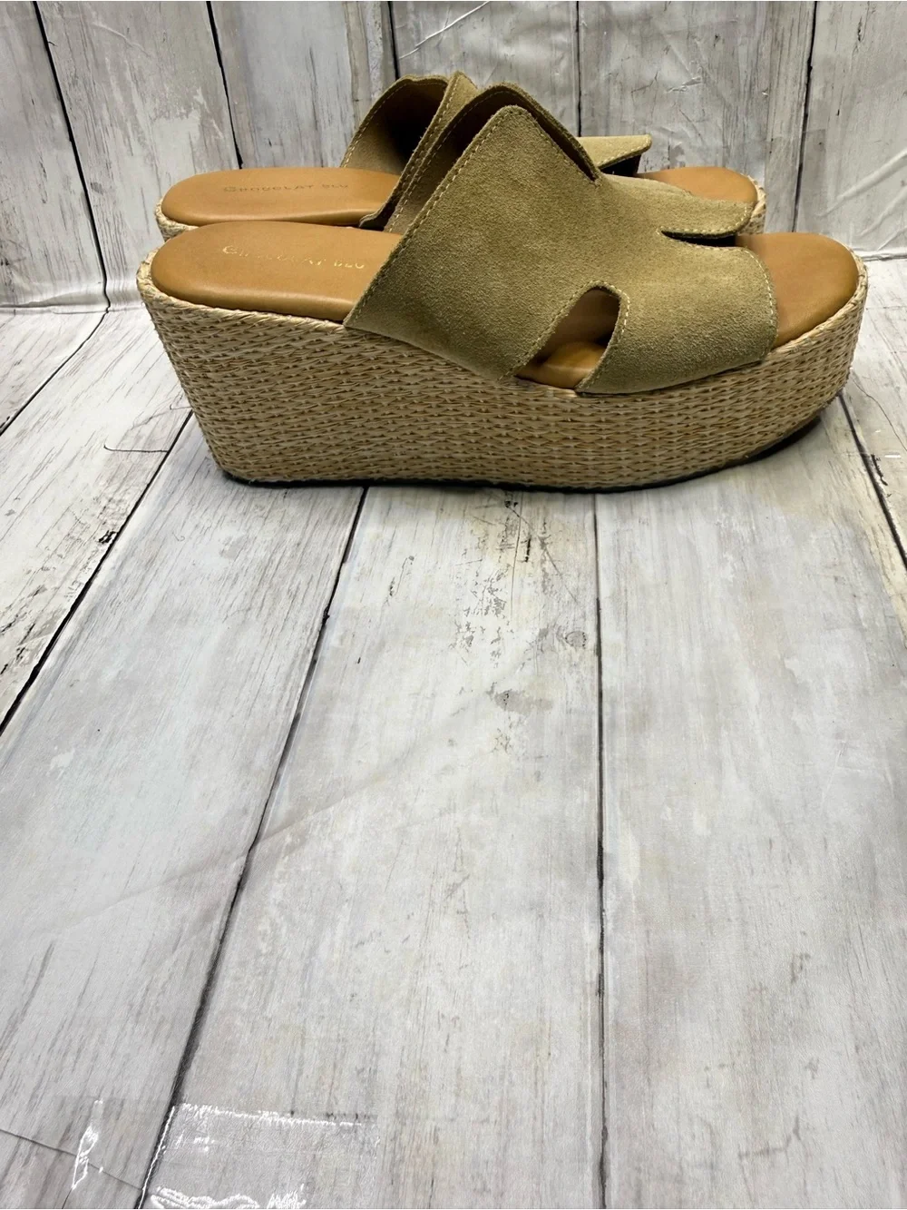 Chocolat Blu Jamie platform wedge sandals taupe suede